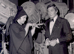 Black and white photo of E.J. on the set of Name of the Game